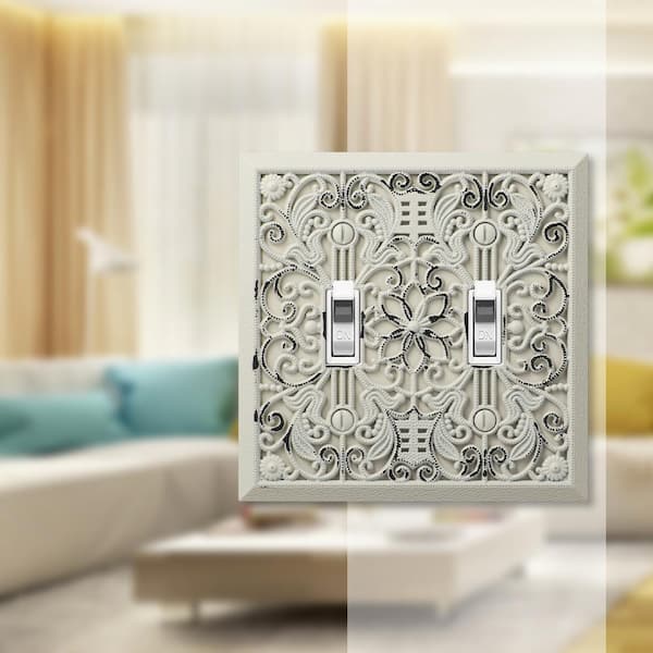 Filigree 2 Gang Toggle Metal Wall Plate - Antique White