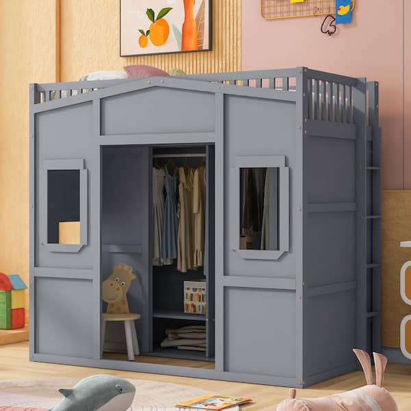 Qualler Gray Twin Size House Loft Bed with Wardrobe and Ladder