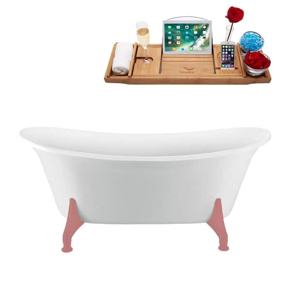 Streamline 67 in. x 30.7 in. Acrylic Clawfoot Soaking Bathtub in Glossy White with Matte Pink Clawfeet and Matte Pink Drain