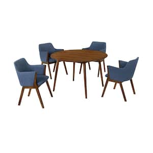 Arcadia and Renzo 48 in. 5-Piece Round Wood Blue and Walnut Dining Set