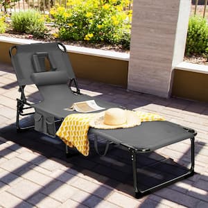 Black Beach Reclining Metal Outdoor Lounge Chair with 5 Adjustable Positions Detachable Pillow and Hand Ropes in Gray