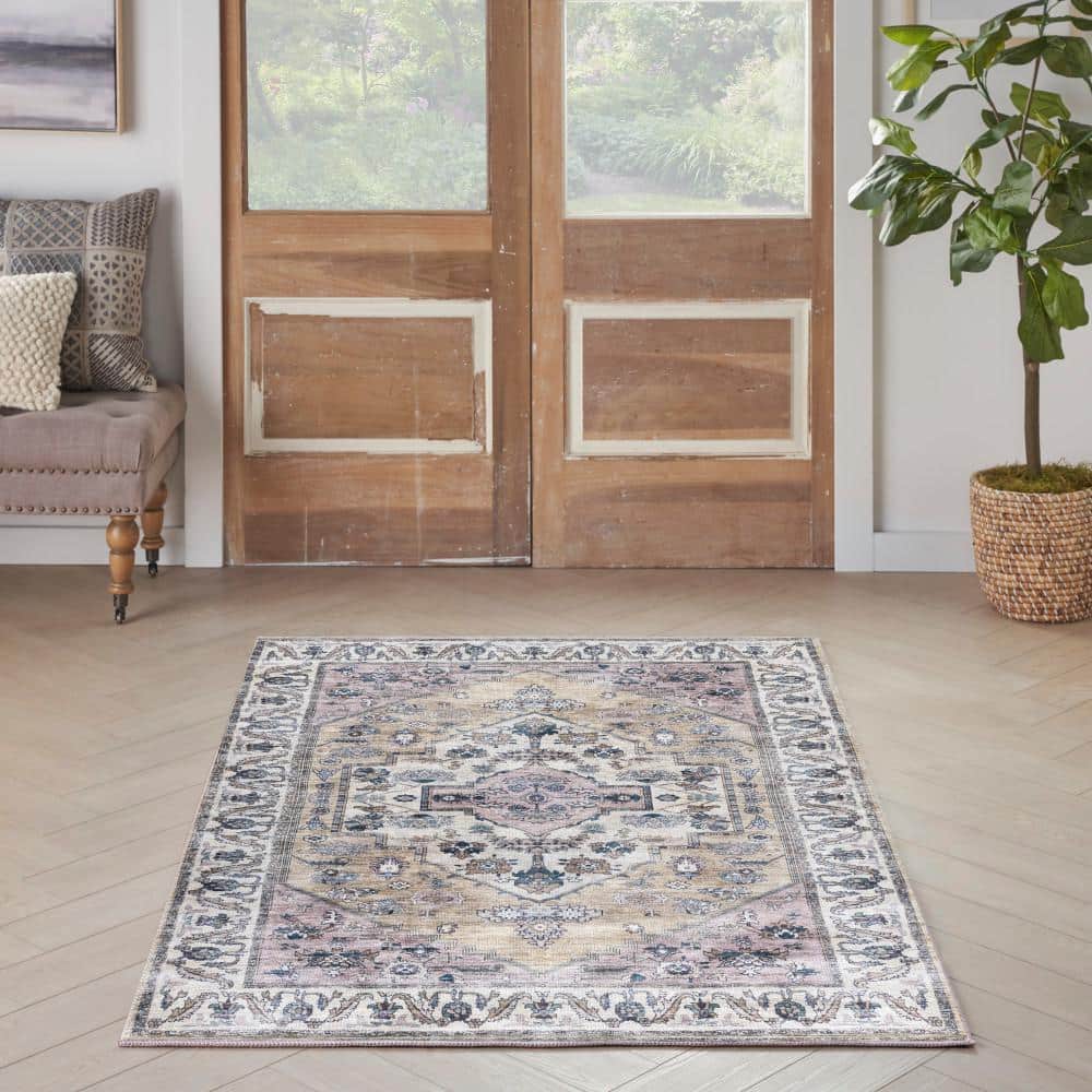 Brilliance 4' x 6' Beige Multicolor Washable Synthetic Rug