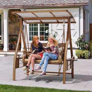 2-Seat Aluminum Frame Patio Swing Chair in Brown with Adjustable Canopy, Solar LED Light, Footrest and Cushions