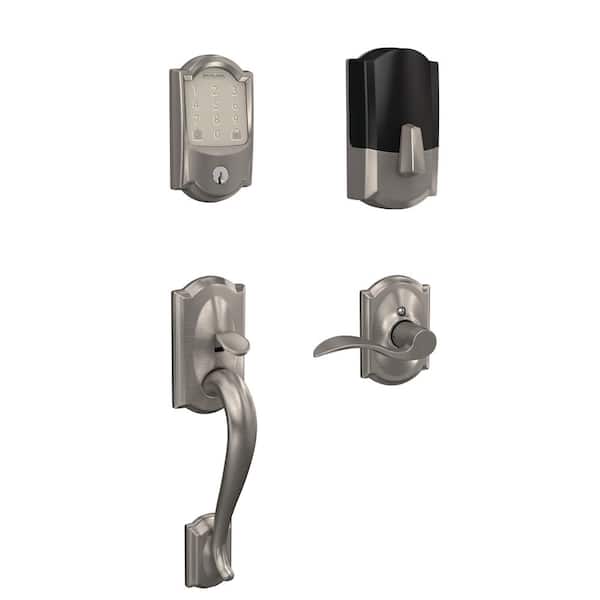 Schlage Camelot Satin Nickel Encode Smart Wi-Fi Deadbolt with Alarm and Entry Door Handle with Accent Handle and Camelot Trim
