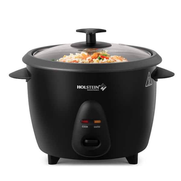 HOLSTEIN HOUSEWARES 8-Cup Black Rice Cooker with Non-Stick Inner Pot, Glass Lid, Measuring Cup, Rice Scoop, Automatic Warm and Cook Function