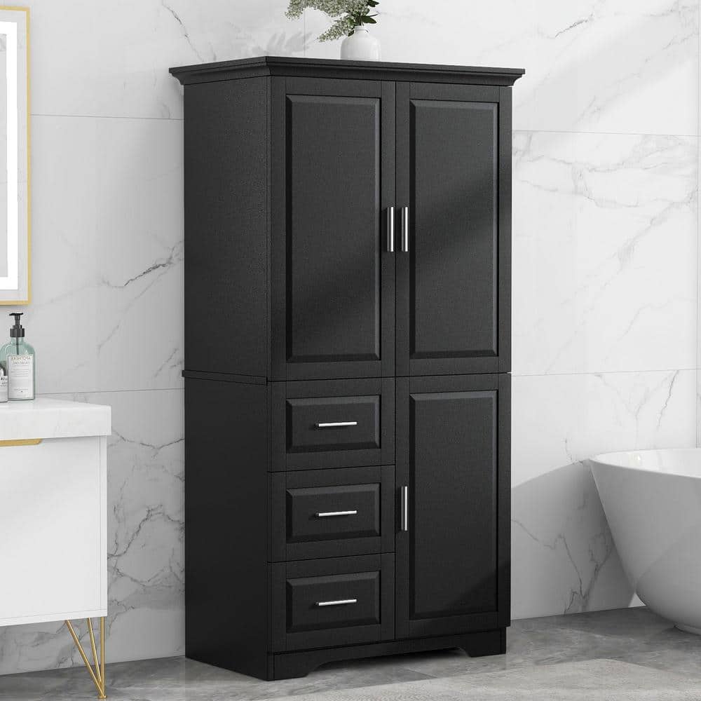 32.6 in. W x 19.6 in. D x 62.2 in. H Black MDF Freestanding Linen Cabinet w