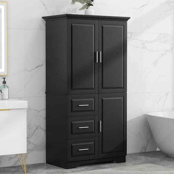EPOWP 32.6 in. W x 19.6 in. D x 62.2 in. H Black MDF Freestanding Linen Cabinet with Adjustable Shelves and Drawer in Black