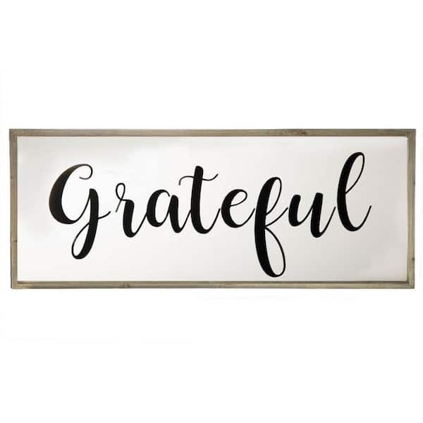 Benjara GRATEFUL White and Brown Wooden Frame Rectangular Wall Art
