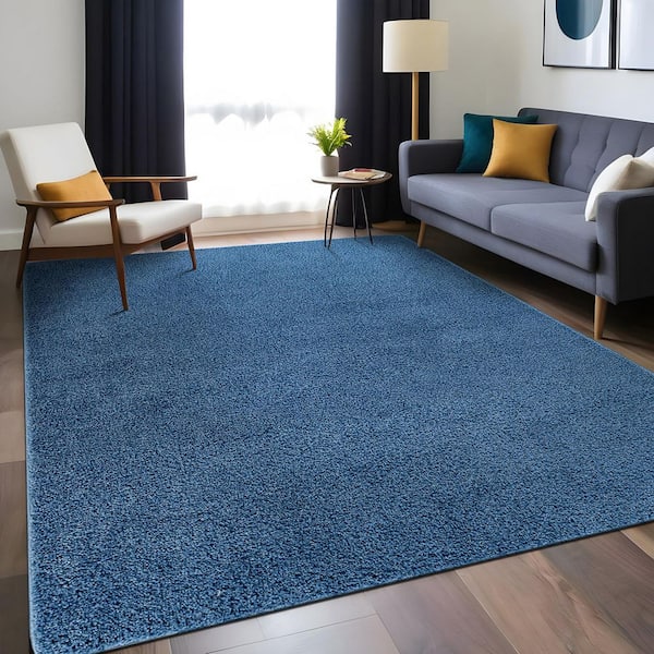 Silky 4 ft. x 6 ft. Blue Solid Plus Thick Pile Non Slip Easy Clean Non Shedding Modern Indoor Area Rug