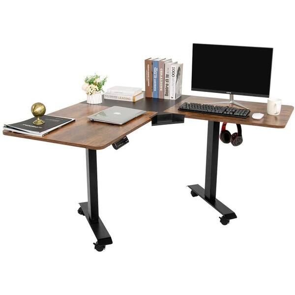 Siavonce 53 In Black And Brown L Shaped Electric Corner Standing Desk With Adjustable Height Ly K Fx06 Fp The Home Depot