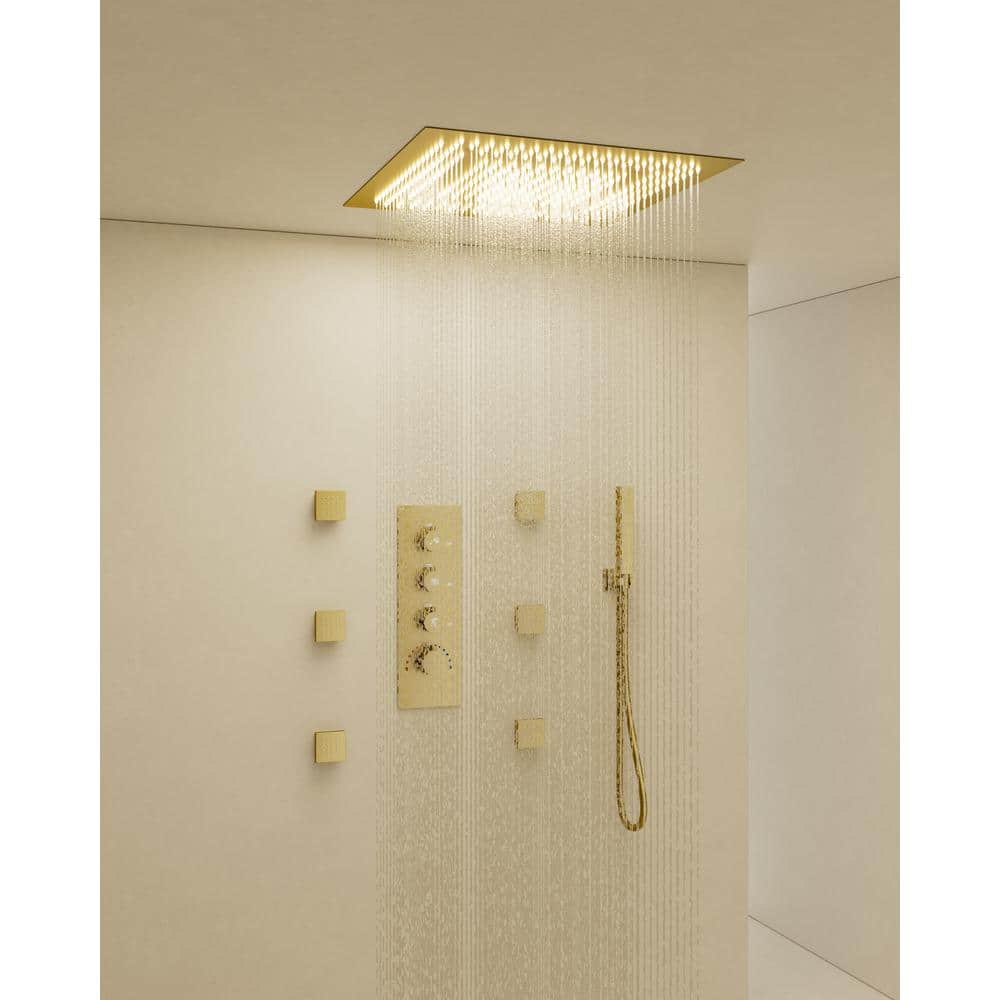 Brushed Nickel LED Rain Shower System with Handheld Spray and Massage Jets
