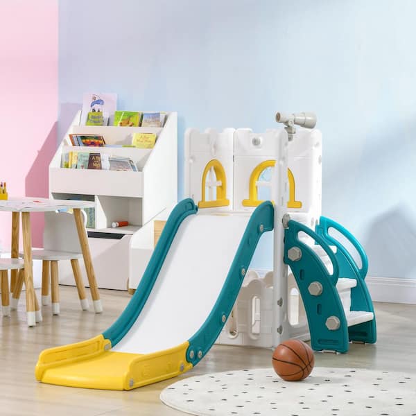Indoor Slide Playset with Basketball Hoop, Climber, Storage Basket