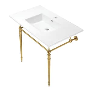 Edwardian 37 in. Ceramic Console Sink Set in White/Brushed Brass