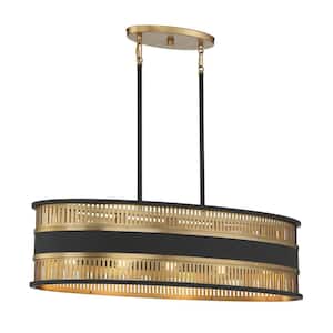 Eclipse 36 in. W x 10 in. H 5-Light Matte Black with Warm Brass Accents Linear Chandelier with Oval Metal Shade