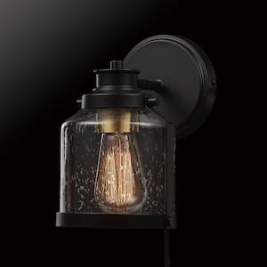 Roy 1-Light Bronze Plug-In or Hardwire Wall Sconce with Antique Brass Accent and Seeded Glass Shade