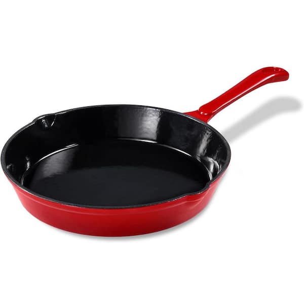 8 in. Cast Iron Nonstick Skillet Frying Pan in Red with Lid, Toxin-Free, Enamel Anti-Rust, All Stovetop Use