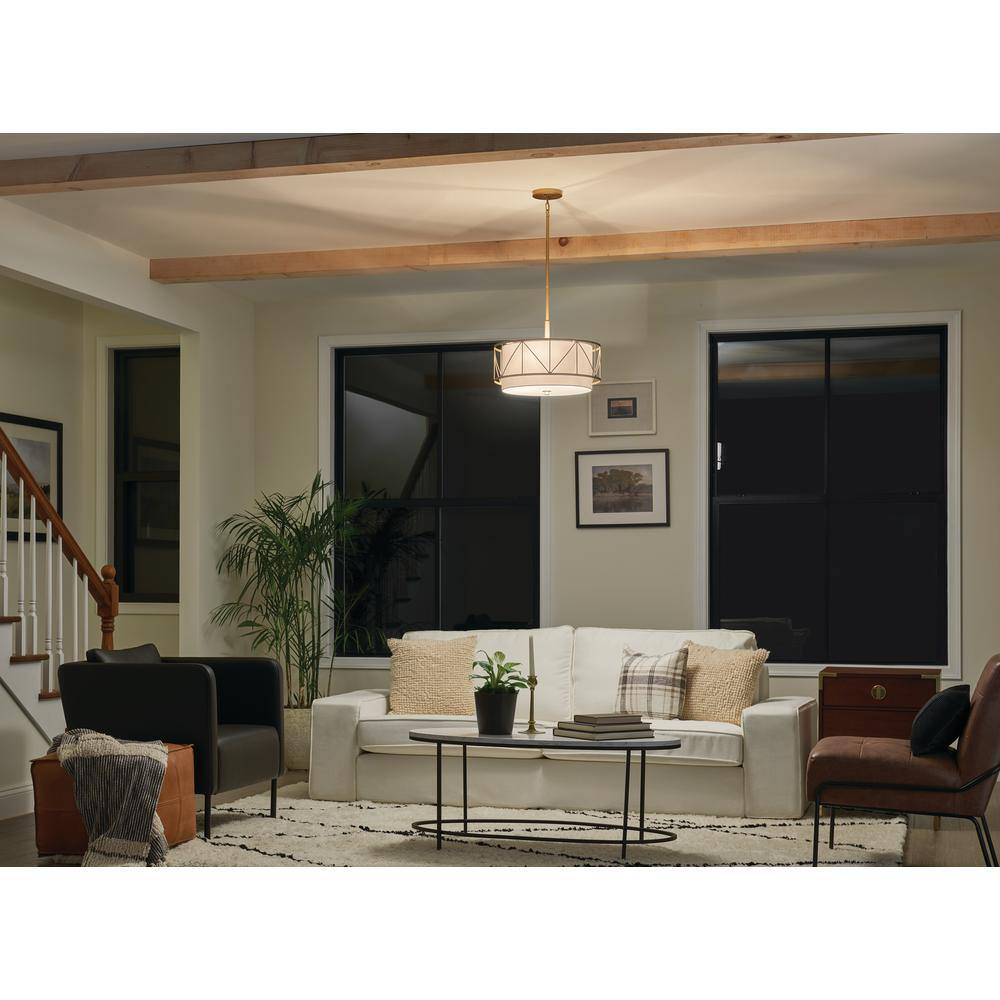 Classic Gold 3-Light Drum Pendant with White Fabric Shade