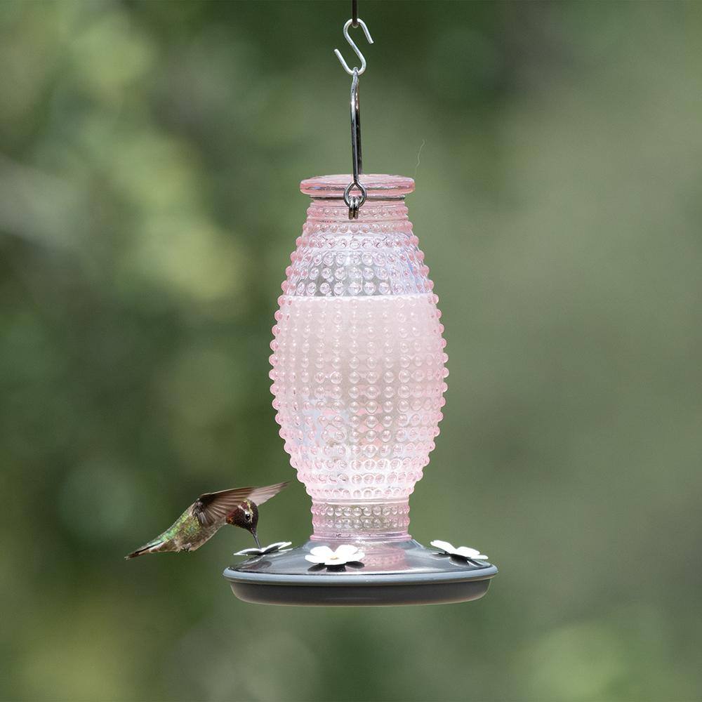 Cranberry Hobnail Glass and Metal Hummingbird Feeder
