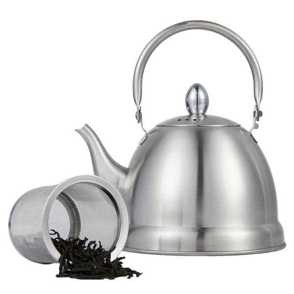 Creative Home 4 Cups Satin Finish Stainless Steel Tea Kettle with Folding Handle, Removable Infuser Basket for Loose Tea Leaves