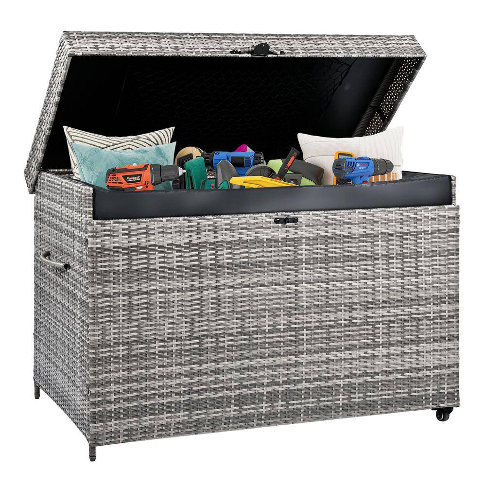 230 Gal. 51.2 in. Grey Rattan Wicker Outdoor Deck Box with Wheels, Patio St
