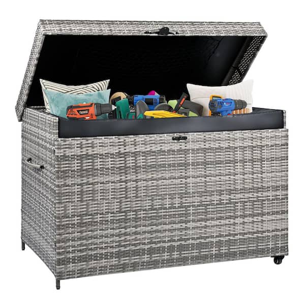 Unbranded 230 Gal. 51.2 in. Grey Rattan Wicker Outdoor Deck Box with Wheels, Patio Storage Box, Water Resistant and Lockable