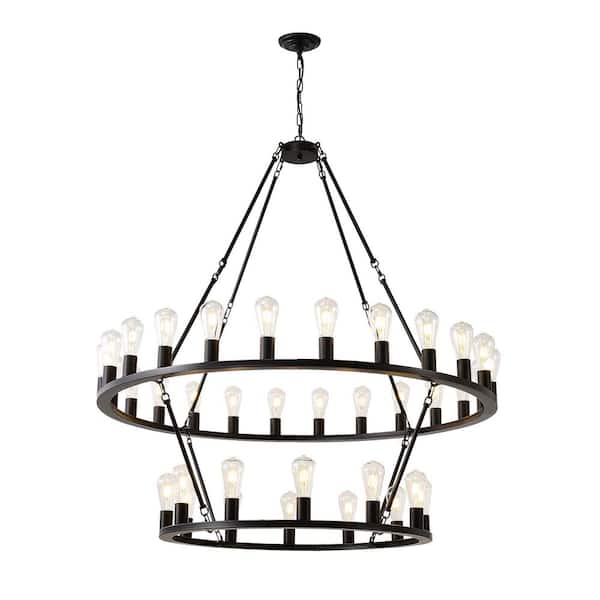 2 Tier 36-Light Black Large Wagon Wheel Chandelier, Adjustable Chain, No Bulbs Included