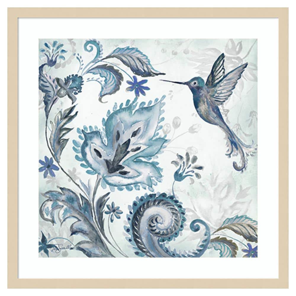 Watercolor Boho Blue Hummingbird Graphic Art in Natural Wood Frame