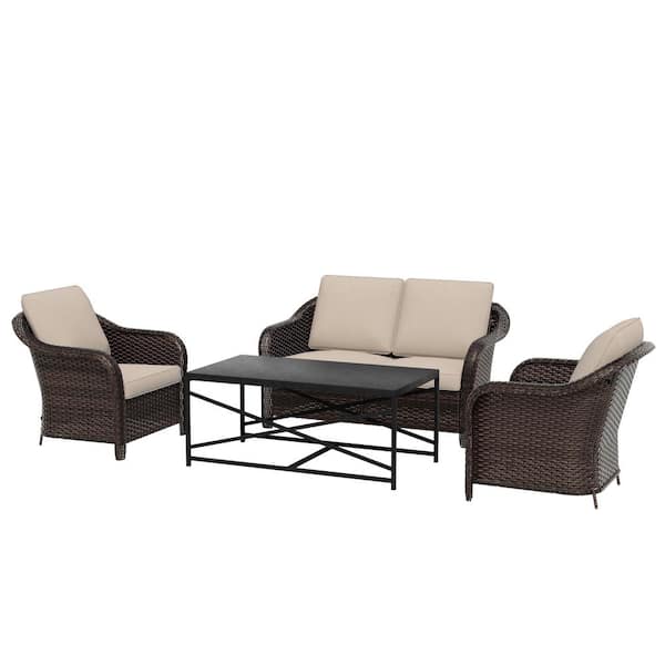 4-Piece Wicker Outdoor Patio Conversation Sofa Furniture Set with Beige Cushions