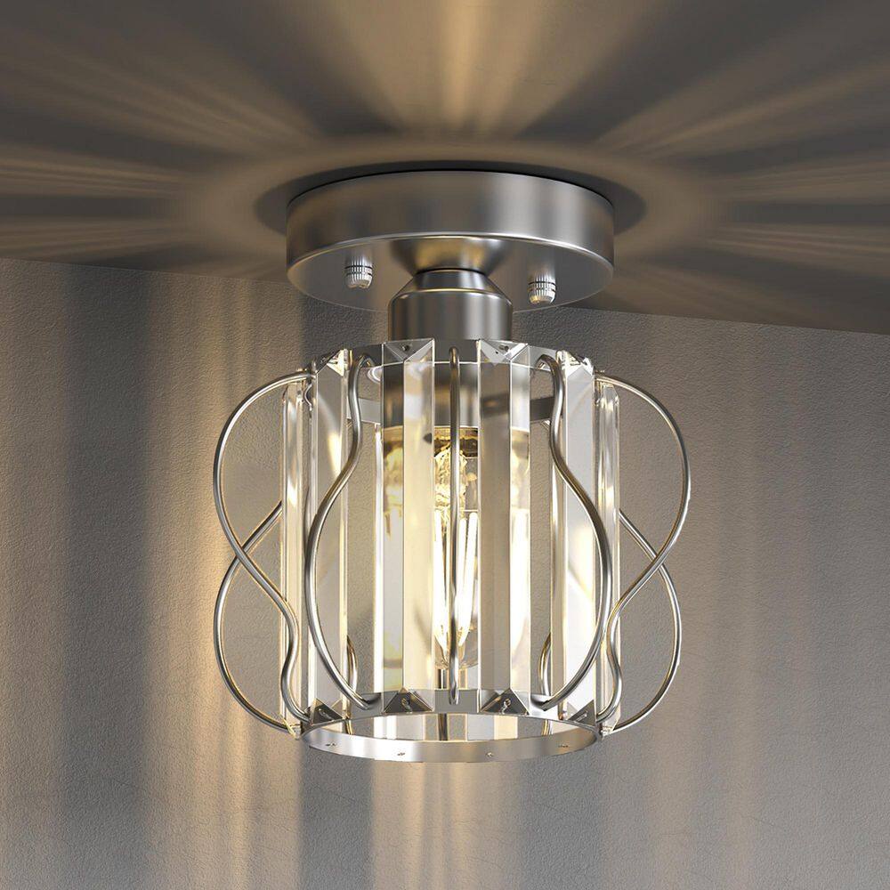 7 in. 1-Light Chrome Crystal Semi Flush Mount Ceiling Light Fixture, E26 Hallway Chandelier for Entry, Bedroom Bathroom price history on PriceWatchPro