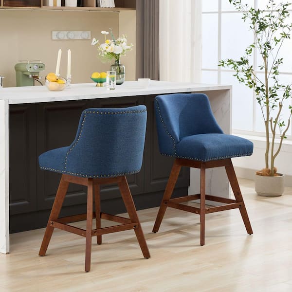 26 in. Blue Fabric Counter Height Swivel Barstools with Back for Kitchen & Dining Room (Set of 2)