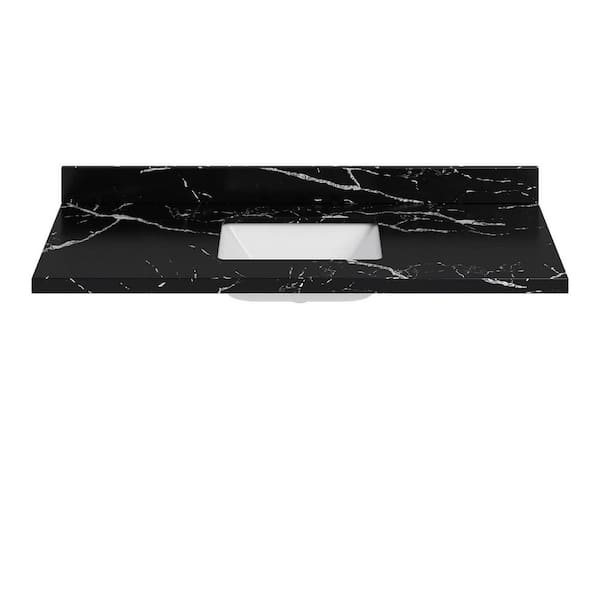 54 in. W x 22 in. D Nero Black Quartz Bathroom Vanity Top w/ 1.5 in. Thick Milter Edge Rectangular Single Sink in White