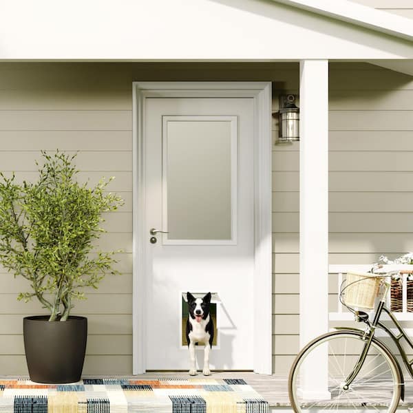 32 in. x 80 in. 1 Lite, Universal, Frosted Glass, White Primed Wood Front Door Slab with Large Pet Door