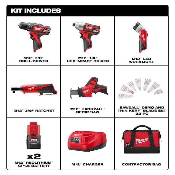 M12 12V Li-Ion Cordless Combo Kit (5-Tool) with Two 1.5Ah Batteries, Charger, Bag with Recip Saw Blade Set (32-Pc)
