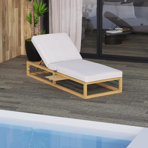 TK CLASSICS Aluminum Outdoor Chaise Lounge with Sliding Pull Out Table with White Cushion