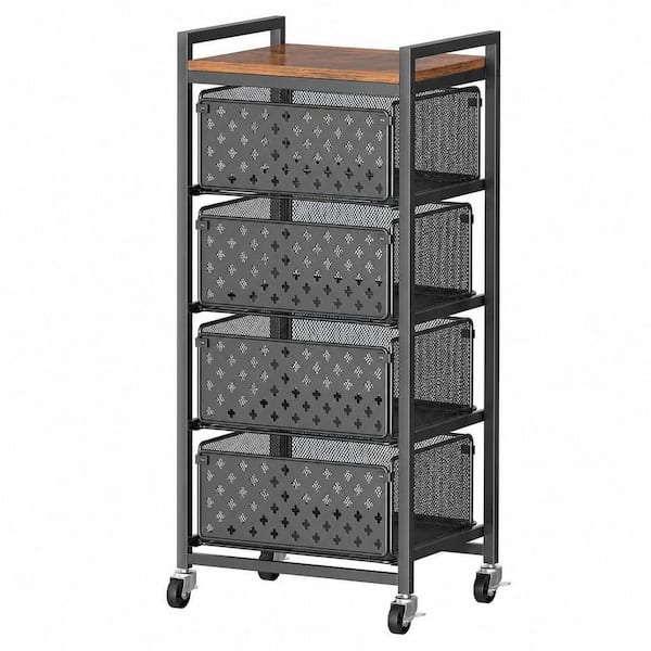 5-Tier Kitchen Fruit Baskets with Wheels, Wood Top and Metal Drawers, Utility Fruit Vegetable Storage Rack Stand, Black