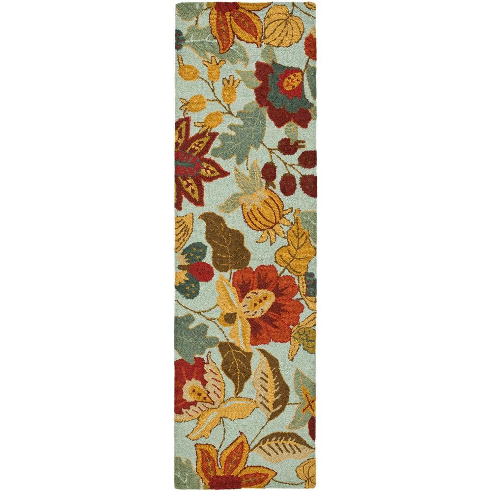 Blossom Blue and Multicolor Wool Floral Runner Rug, 2'3" x 10'