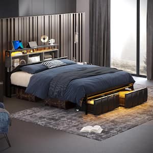 Gray Metal Frame Queen Size Platform Bed with Storage Drawers and LED Headboard with Charging Station