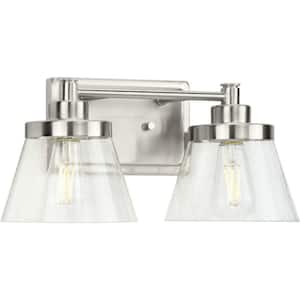 Hinton 15.5 in. 2-Light Brushed Nickel Clear Seeded Glass Farmhouse Bath Vanity Light