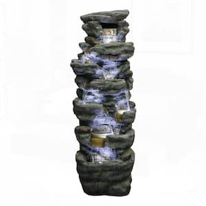 51in. H Resin Multi-Tier Cascading Rock Tiered Fountain with LED Lights, Water Feature for Garden, Yard, and Deck