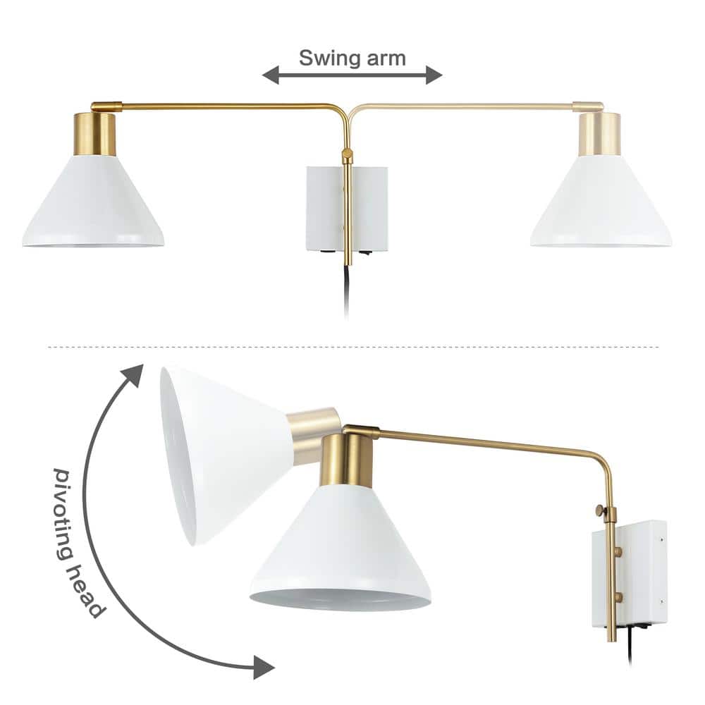 Modern Farmhouse 20.5" White and Brass Gold Iron LED Swing Arm Sconce