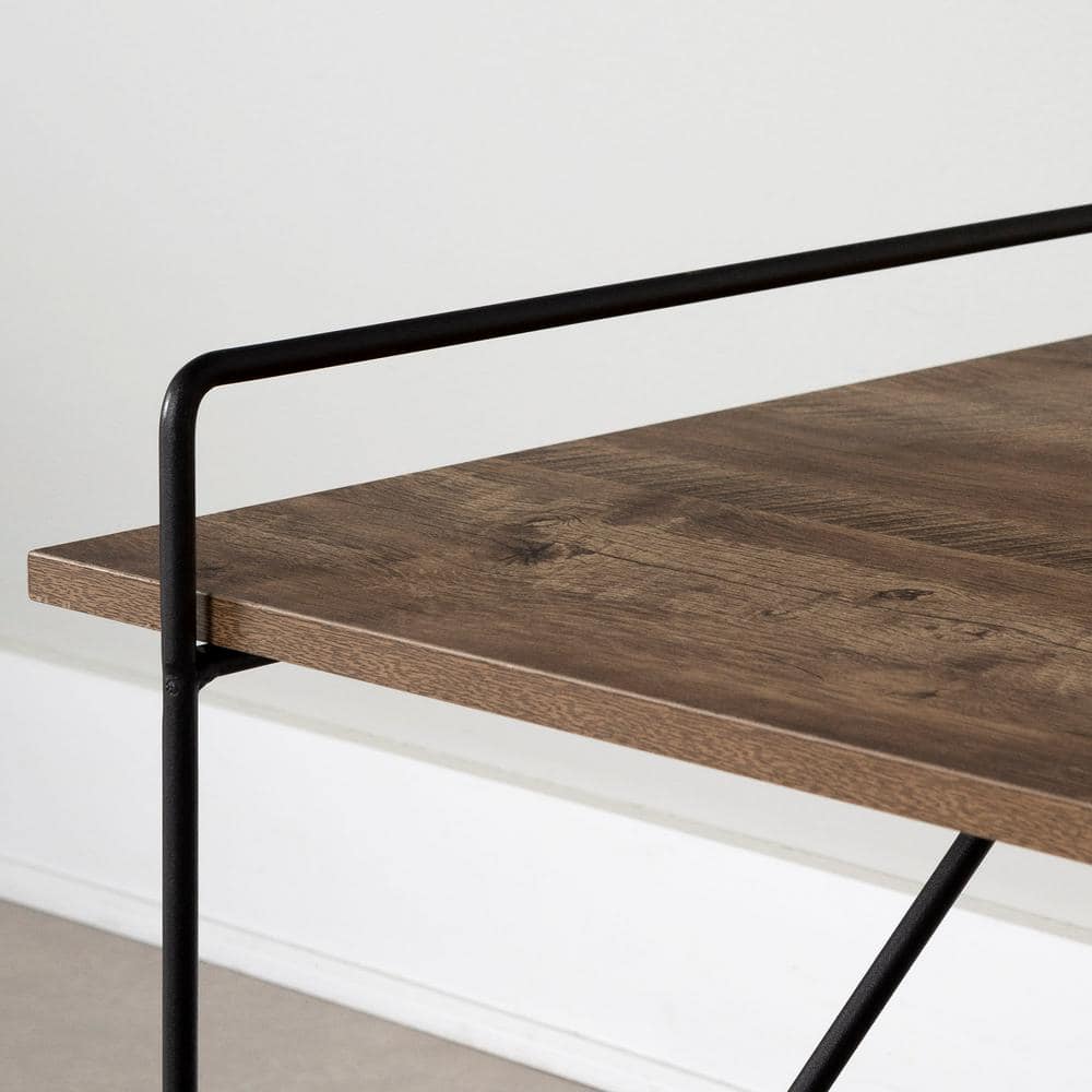 Brown Oak and Black Metal Rectangular Coffee Table