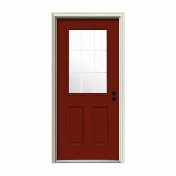 JELD-WEN 36 in. x 80 in. 9 Lite Mesa Red Painted w/White Interior Steel Prehung Left-Hand Inswing Entry Door w/Brickmould