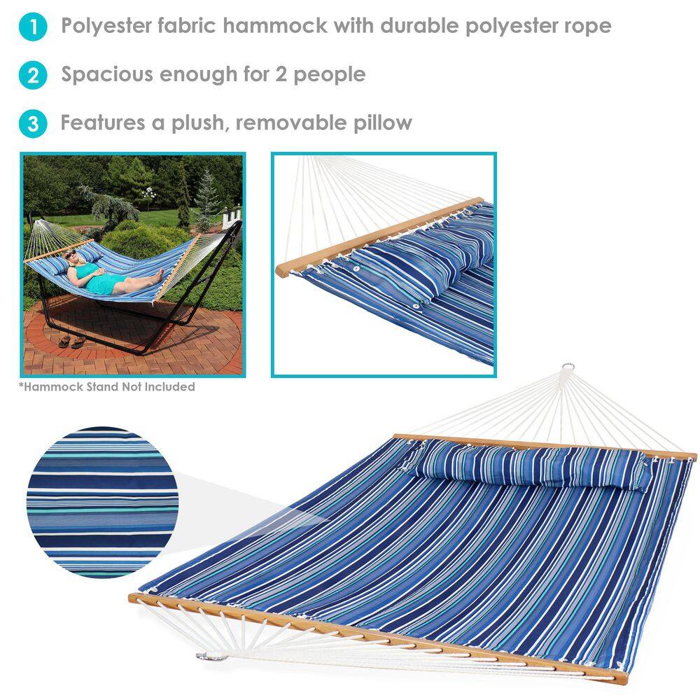 Blue Quilted Polyester 2-Person Spreader Bar Hammock with Pillow