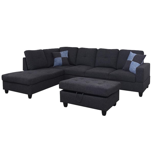 Star Home Living 104 in. Square Arm 3-Piece Linen L-Shaped Sectional Sofa in Jet Black