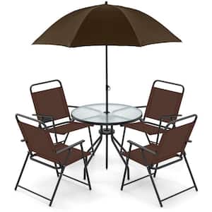 6pc metal square patio dining set with umbrella brown threshold MFSTUDIO Outdoor Table for 6, Table w/ Hole The chairs are made with breathable Teslin fabric for enhanced comfort and airflow MAISON ARTS 6 Pieces Patio