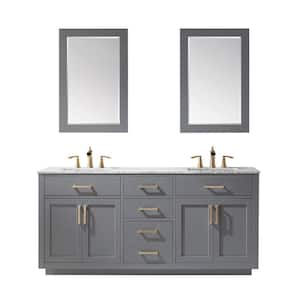 Ivy 72 in. Double Bathroom Vanity Set in Gray and Carrara White Marble Countertop with Mirror