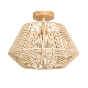 15.9 in. 1-Light Rattan Wicker Geometric Boho Pendant Light Chandelier Light Hand Woven Shade Yellow