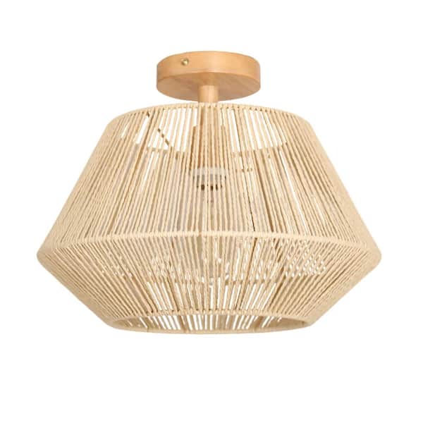 Uixe 15.9 in. 1-Light Rattan Wicker Geometric Boho Pendant Light Chandelier Light Hand Woven Shade Yellow