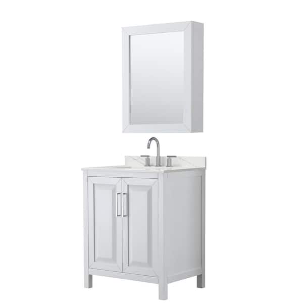 Wyndham Collection Daria 30 in. W. x 22 in. D x 35.75 in. H Single Bath Vanity in White with Giotto Quartz Top and Medicine Cabinet
