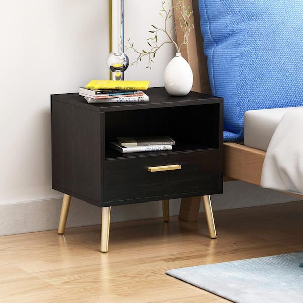 FUFU&GAGA 1-Drawer Black Nightstand Storage Compartment Sofa Side End Table Bedside 20" H x 19.5" W x 15.6" D